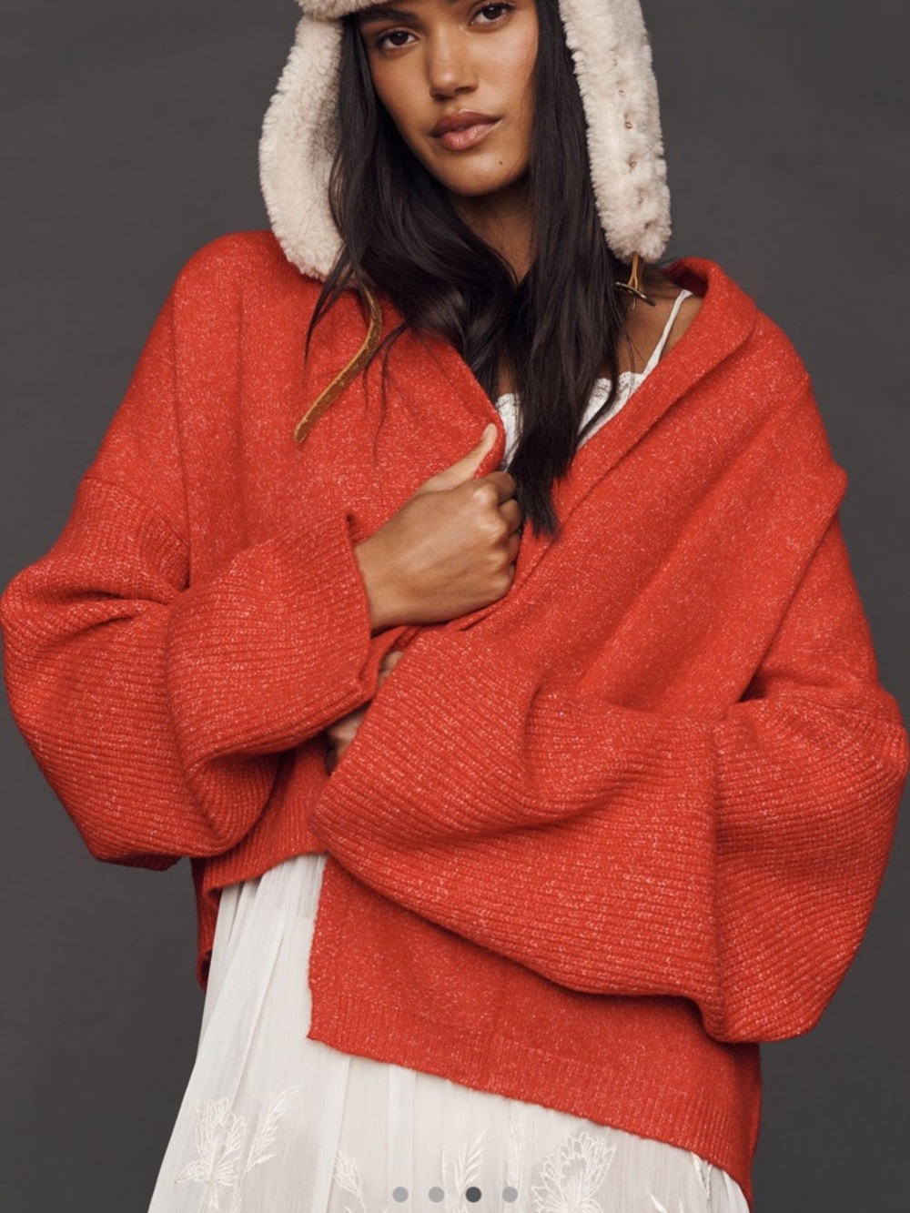 Anthropologie Mariel Off-the-Shoulder Chunky Knit Sweater in Vibrant Coral